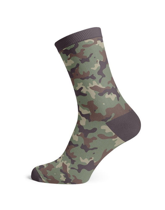 Product Image – One army green and brown camo design sock with brown toe, heel and cuff