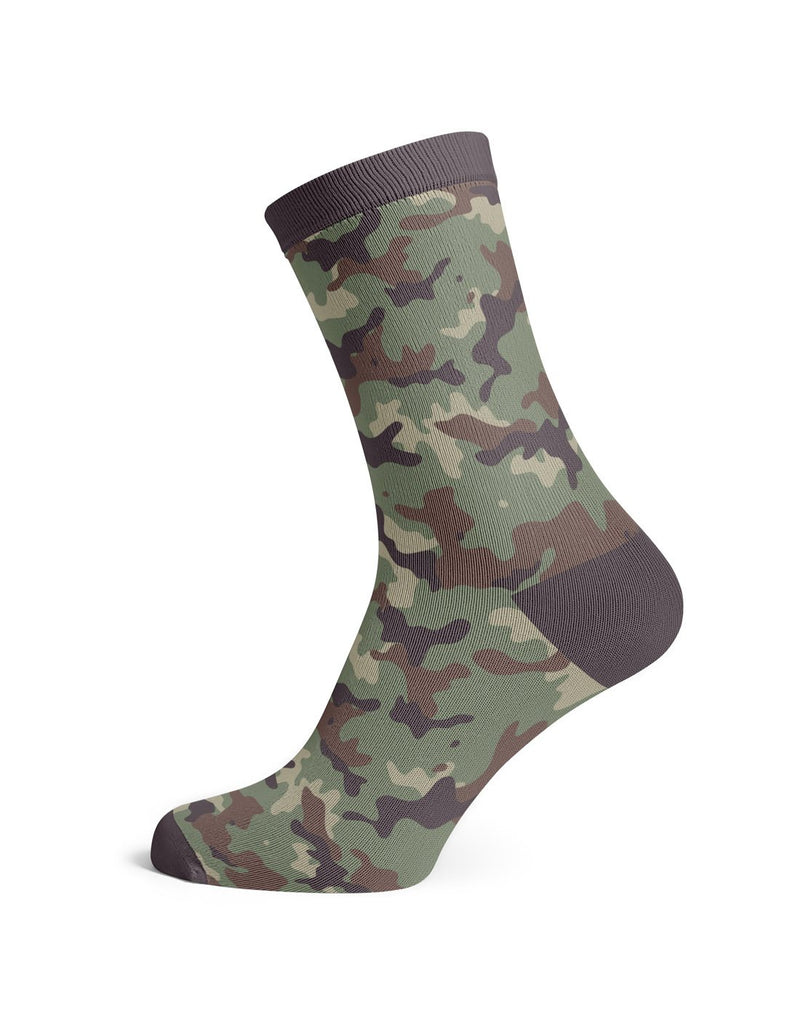 One army green and brown camo design sock with brown toe, heel and cuff