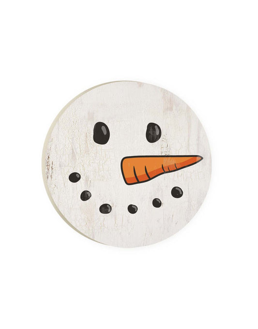 Product Image – Round car coaster with white crackled paint design with black coal shaped eyes and mouth and orange carrot nose