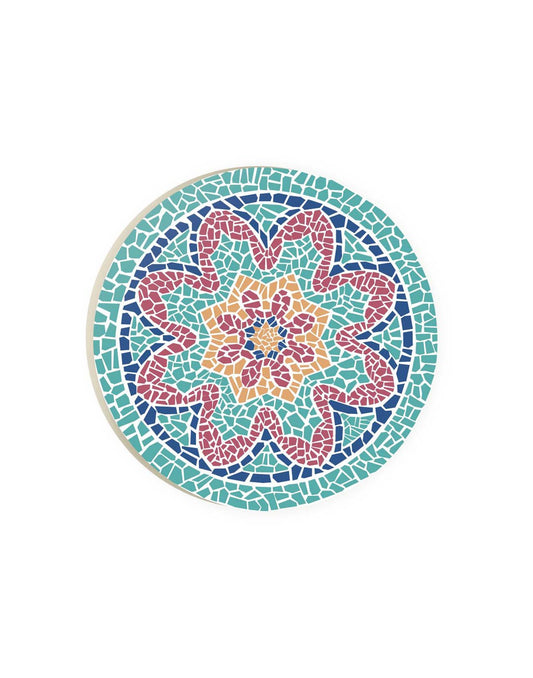 Product Image – Round car coaster with flower mosaic image in shades of blue, pink and yellow