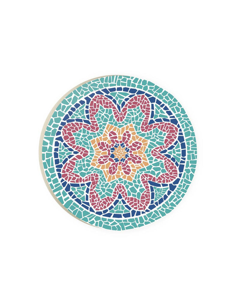 Round car coaster with flower mosaic image in shades of blue, pink and yellow