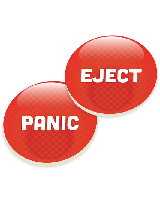 Product Image – Two round car coasters in red with bold white lettering, one says Panic and the other Eject