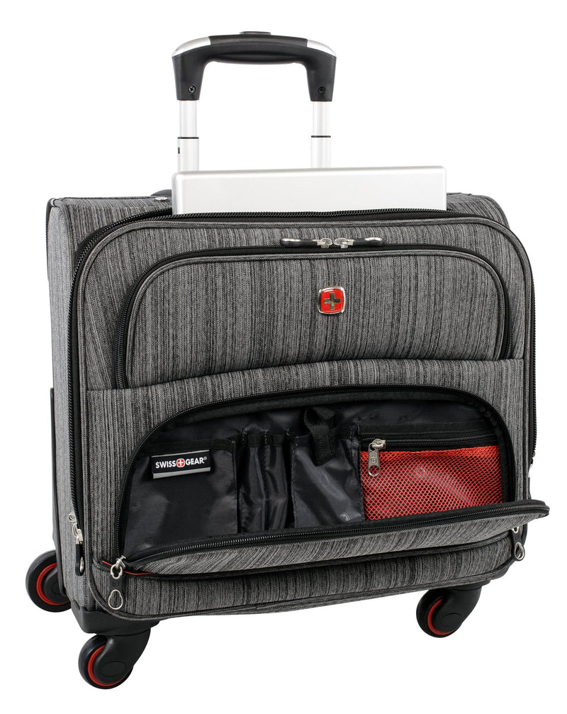 Swiss Gear Wheeled Laptop Case, dark grey, front view with laptop sticking out of top zippered compartment and front zippered pocket open to show organizational pockets within