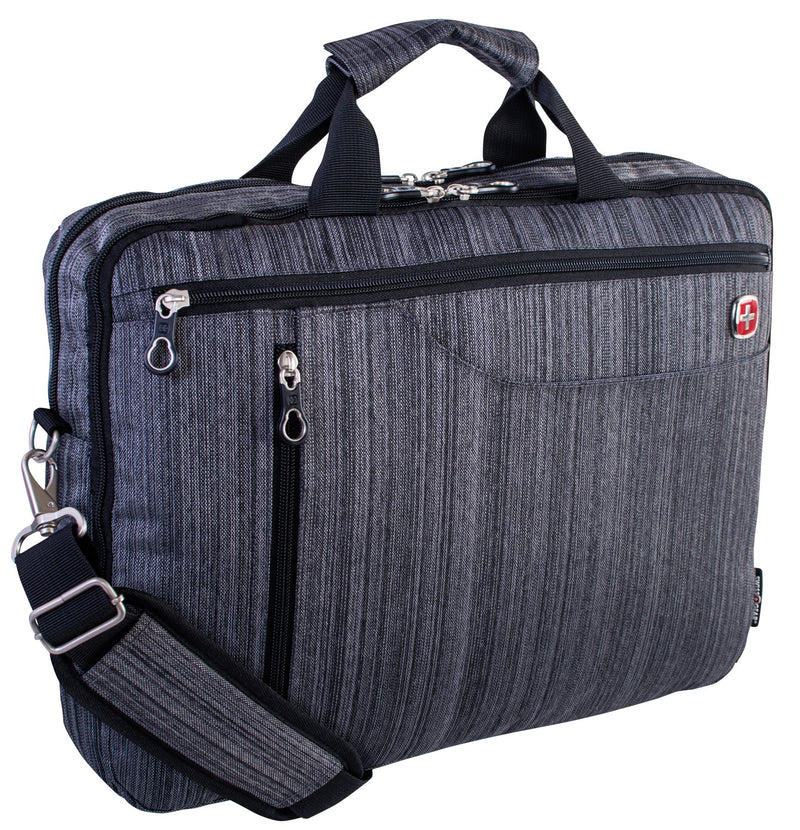 Swiss Gear Computer Bag front view with top grab handles two zippered pockets on front and shoulder strap