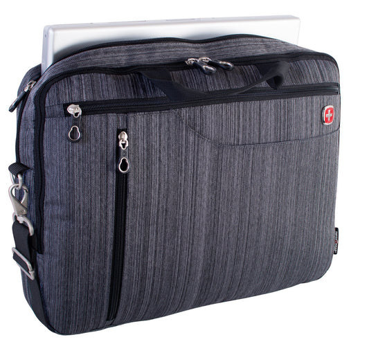 Product Image – Swiss Gear Computer Bag front view with a laptop sticking out of unzippered main compartment