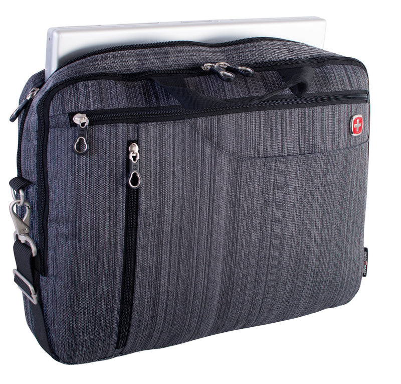 Swiss Gear Computer Bag front view with a laptop sticking out of unzippered main compartment
