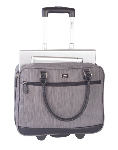 Roots Veronik Wheeled Business Case, grey, front view with telescopic handle up and black grab handle down and laptop and tablet sticking out of main zippered compartment