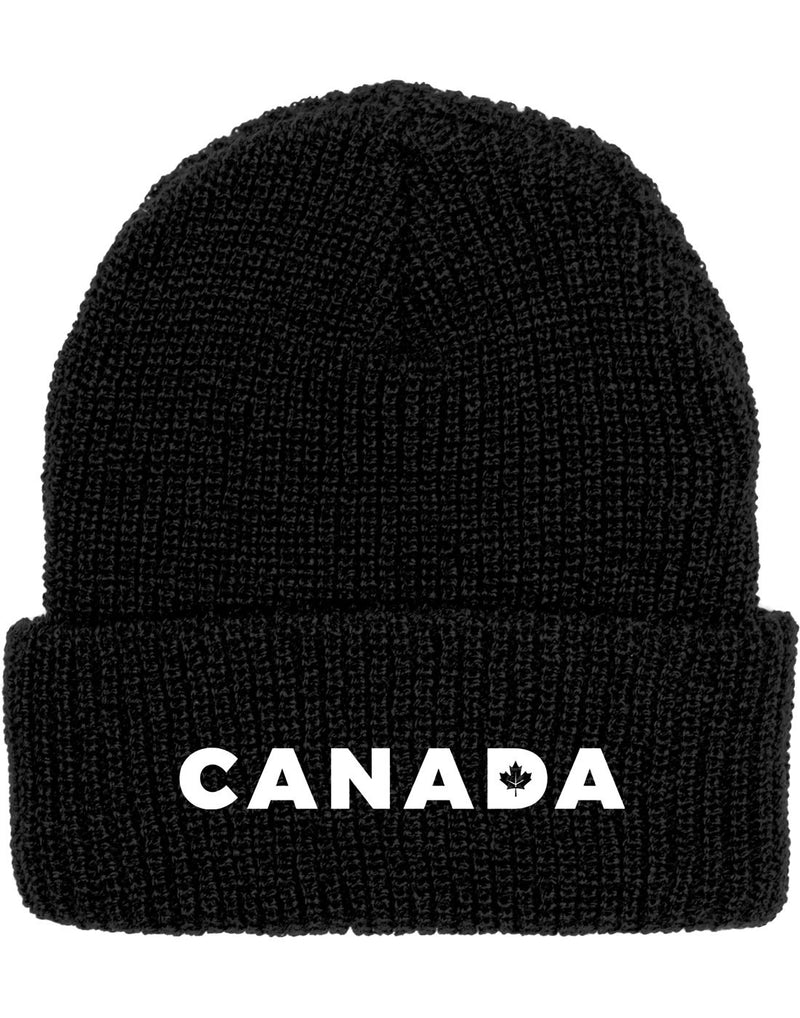 Black knit beanie hat with cuff and embroidered word Canada in white with maple leaf cut out in the letter D