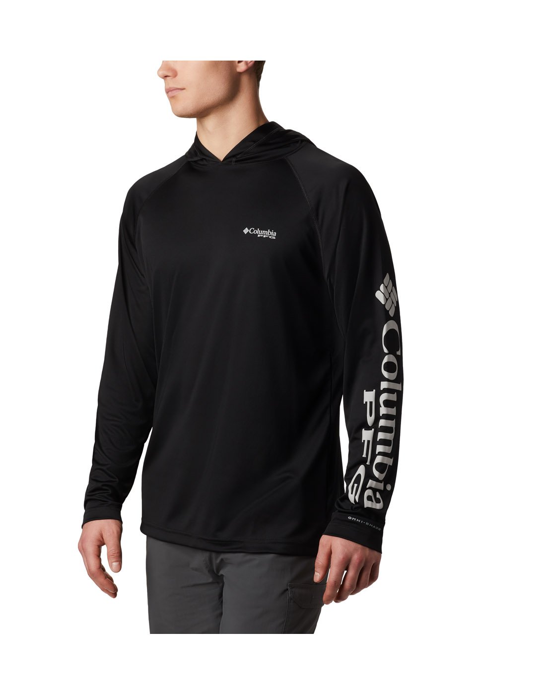 Man wearing Columbia Men's PFG Terminal Tackle™ Hoodie - black, front view