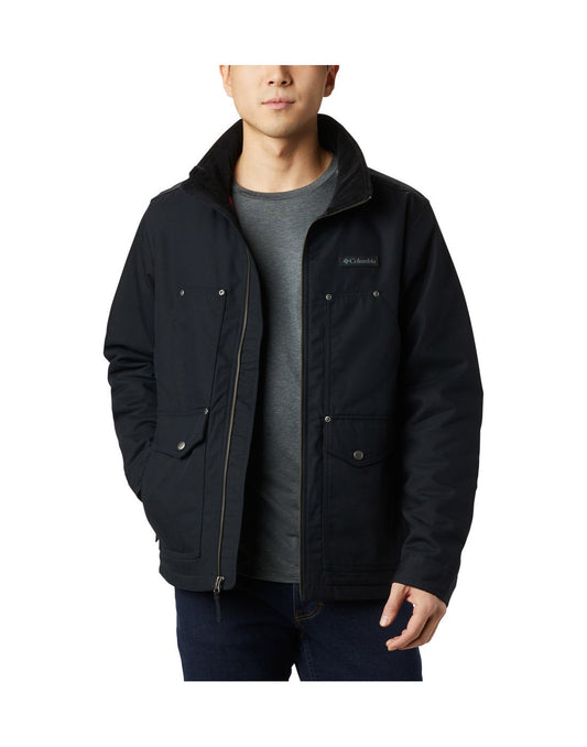 Product Image – Man wearing black Columbia Men's Loma Vista™ Jacket unzipped, front view