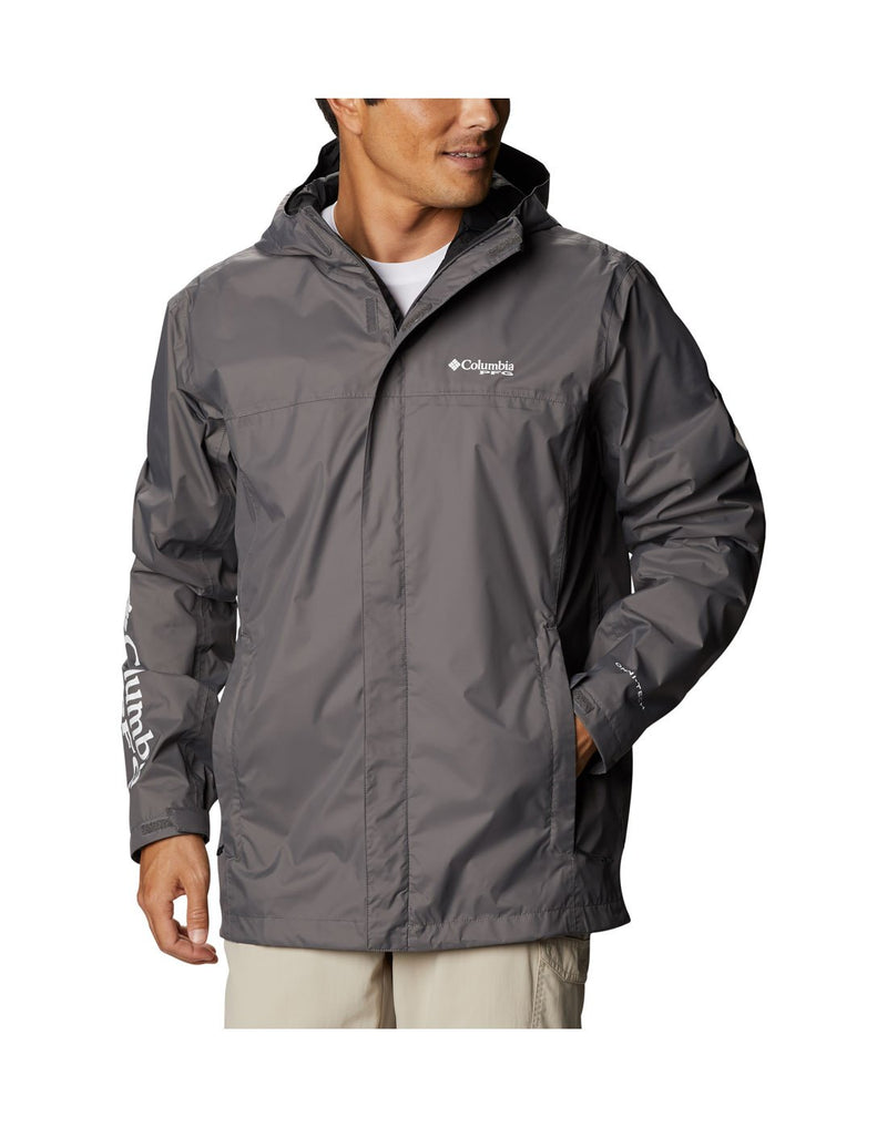 Man wearing Columbia Men's PFG Storm™ Jacket  - city grey, front view