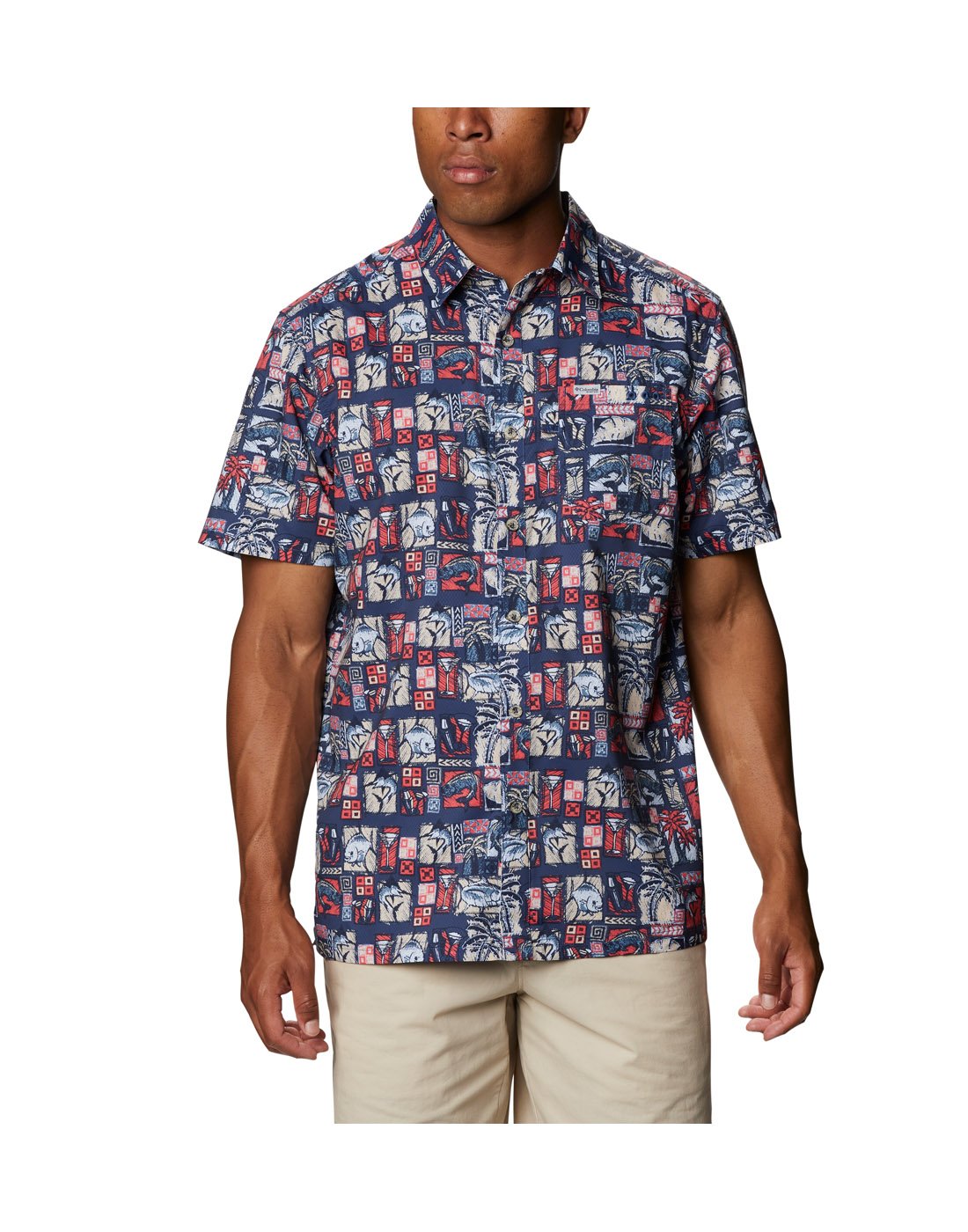 Man wearing Columbia Men's PFG Super Slack Tide™ Camp Shirt - carbon martinis and lies print, front view