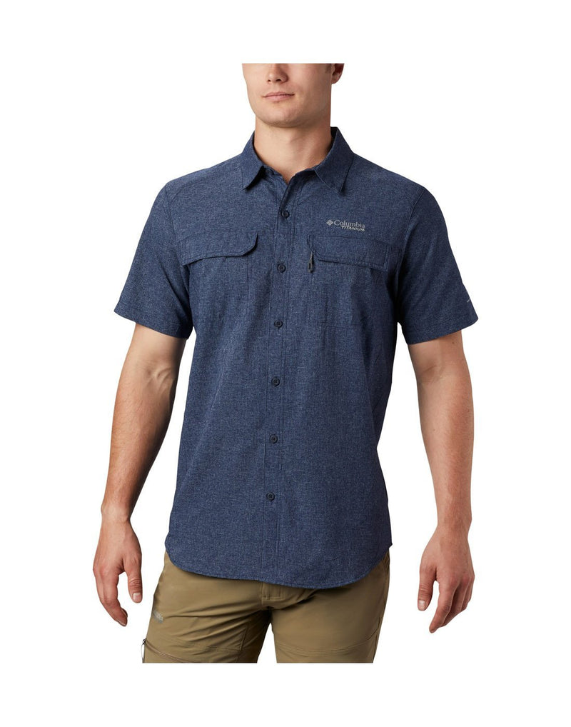 Men wearing navy colour columbia men's short sleevs shirt front view