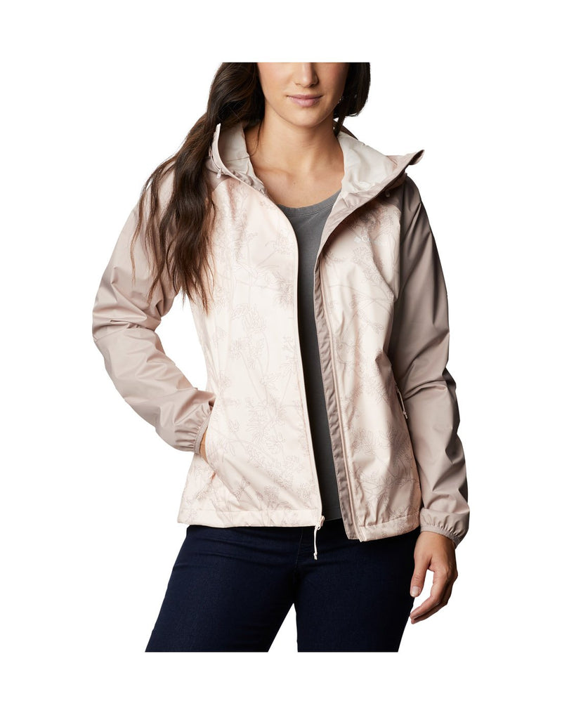 Model wearing Columbia Women's Ulica™ Jacket - peach quartz, front view, unzipped