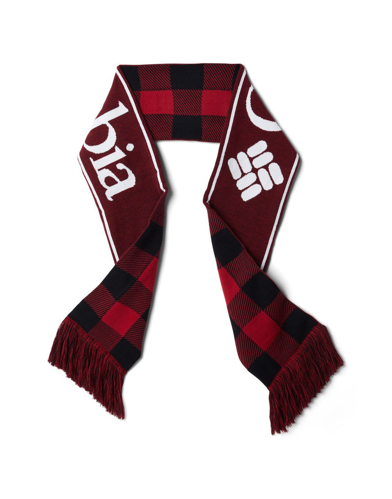 Columbia Lodge™ Scarf, one side is red with white Columbia name and logo, other side is red and black plaid check, red and black fringe on both ends