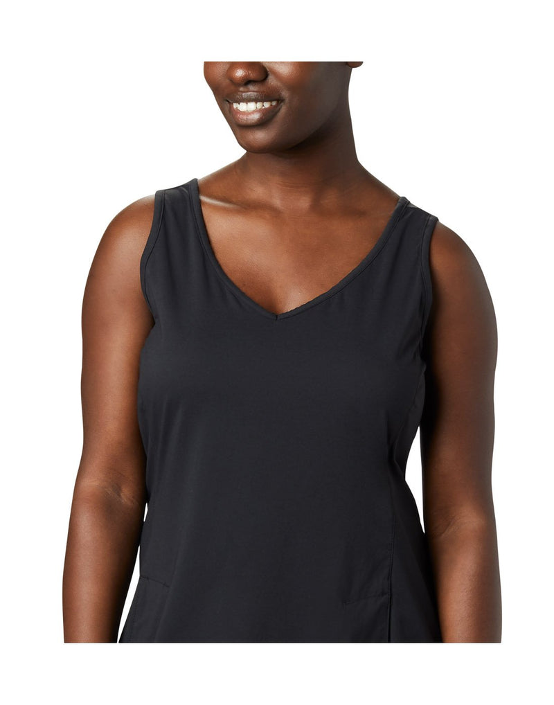 Close up of woman wearing Columbia Women's Anytime Casual™ III Dress - black, front view, showing v-neck line
