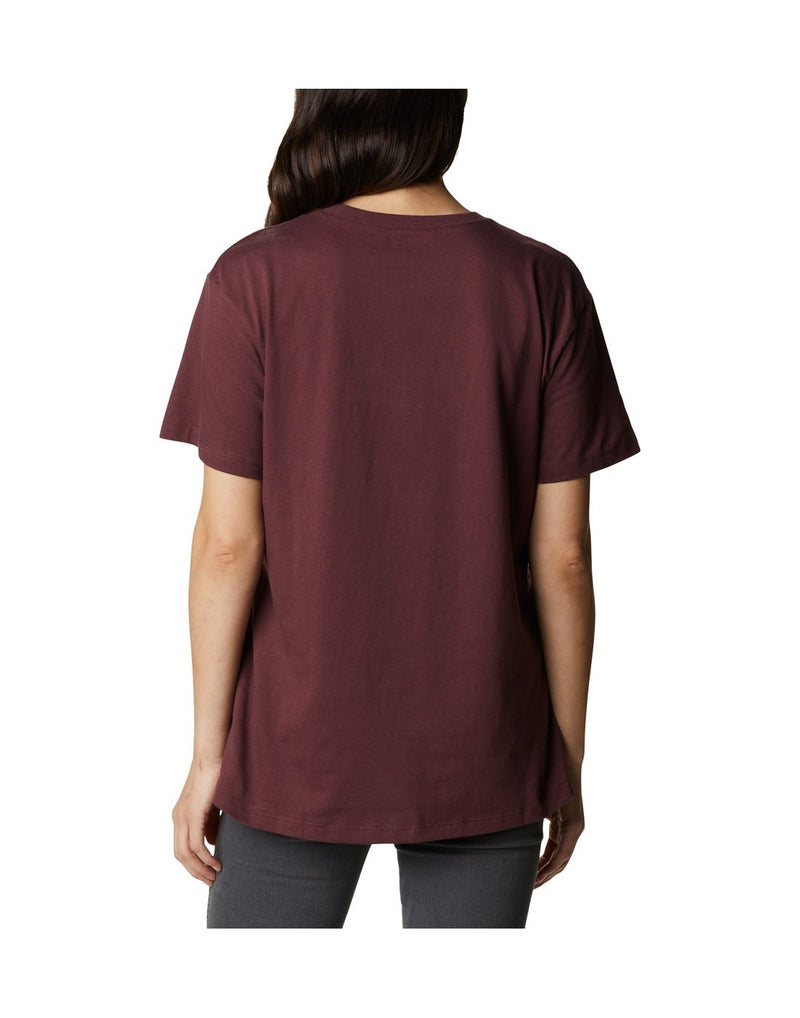 Woman wearing Columbia Women's Columbia Park™ Relaxed Tee in malbec colour, back view