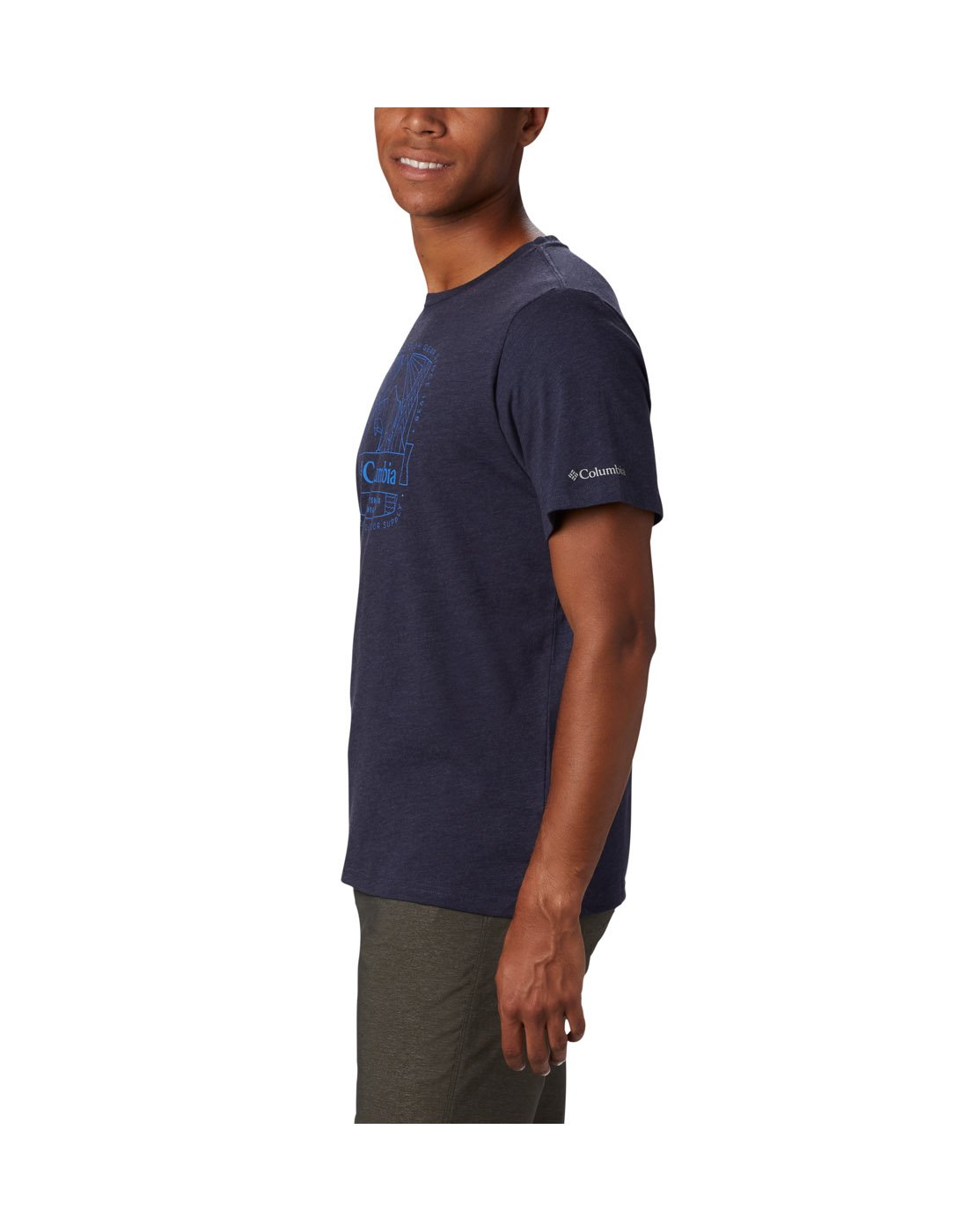 Man wearing Columbia Men's Bluff Mesa™ Graphic T-Shirt - collegiate navy, side view