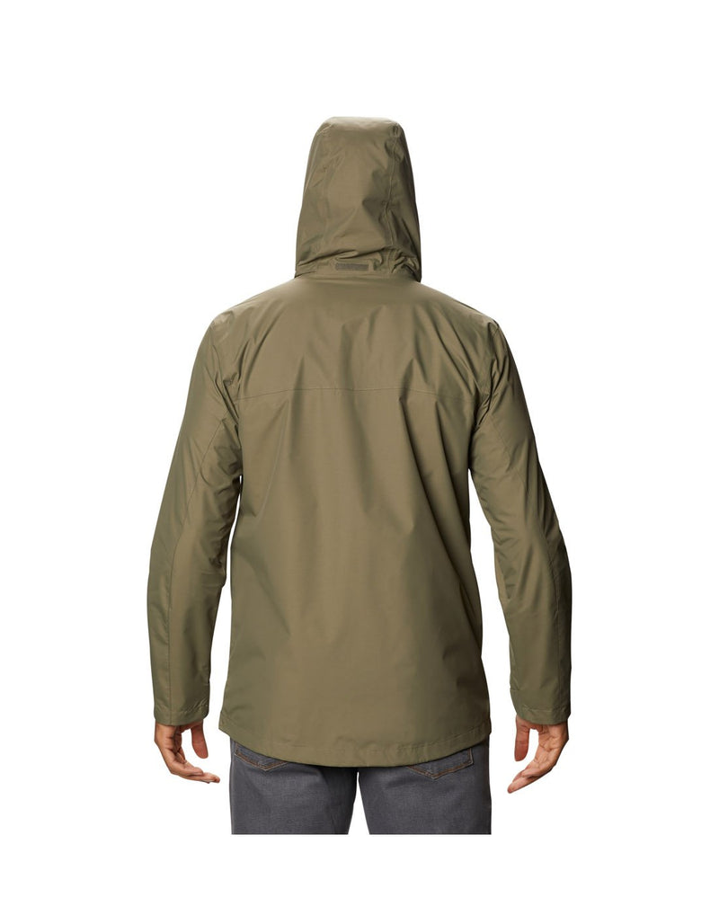 Model wearing Columbia Men's Tryon Trail™ Shell - stone green, back view with hood up