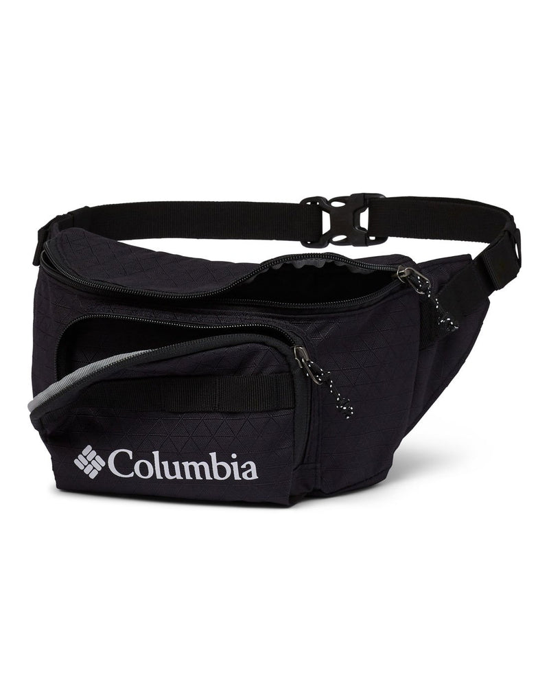 Columbia Zigzag™ 1L Hip Pack in black, with front pocket and main compartment fully unzipped