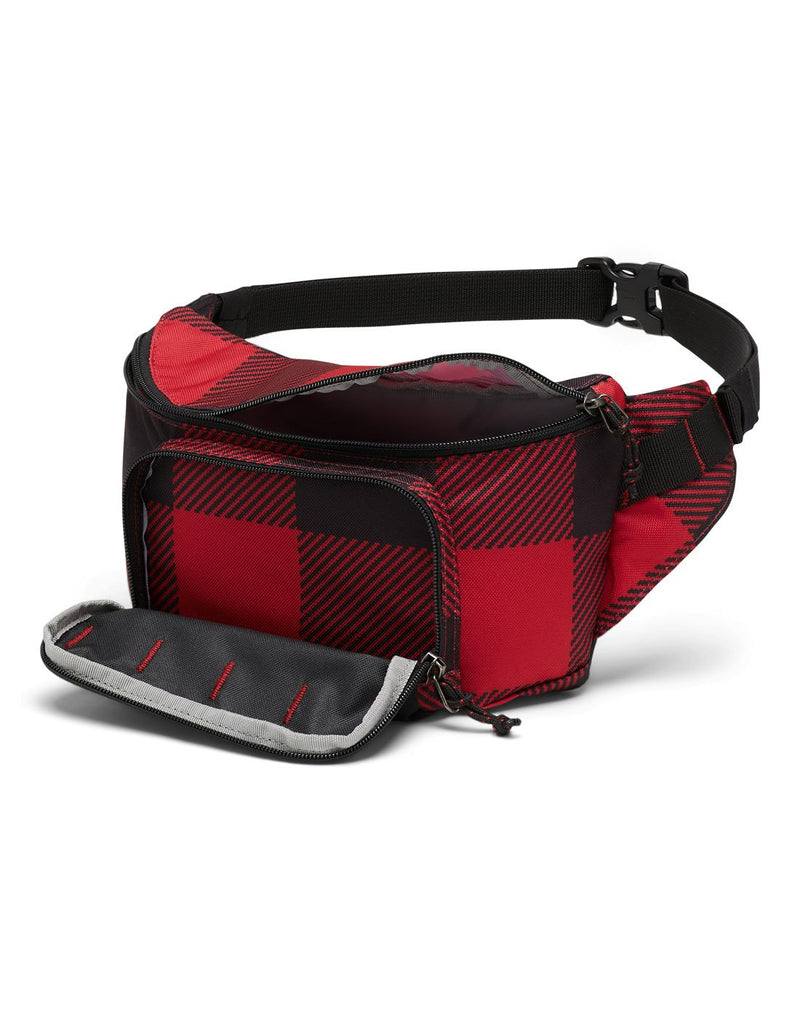 Columbia Zigzag™ 1L Hip Pack in mountian red check print with front pocket and main compartment fully unzipped