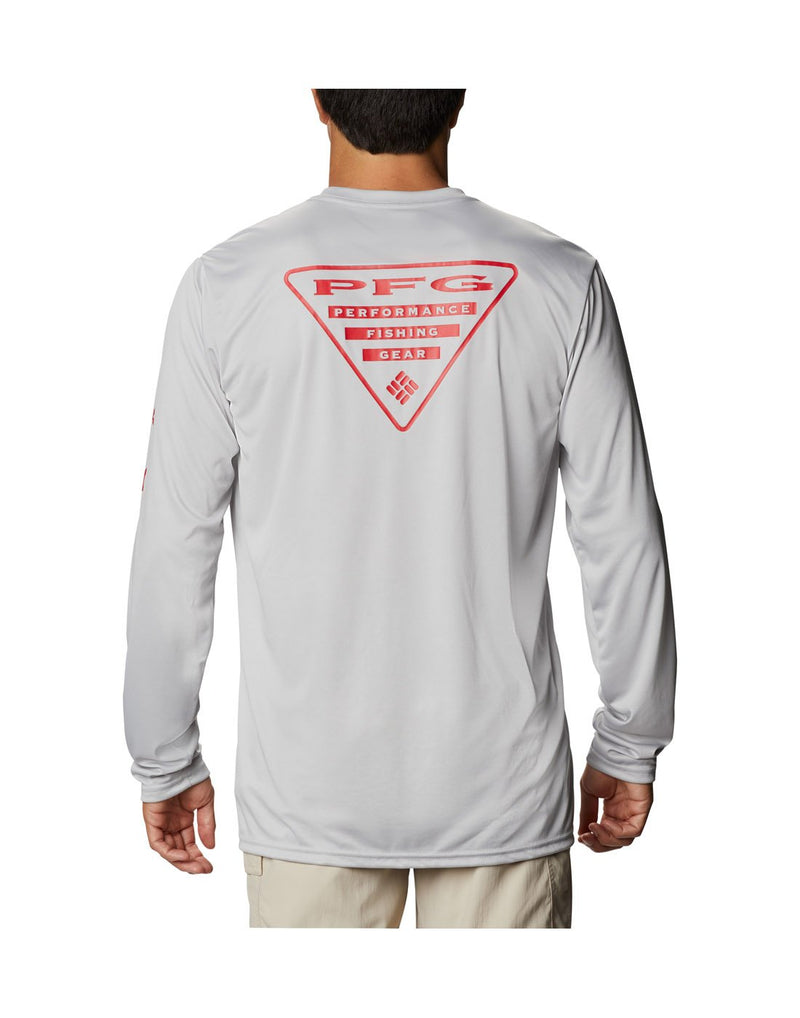 Model wearing Columbia Men's PFG Terminal Tackle™ Destination Long Sleeve Shirt - cool grey, back view showing PFG logo in red