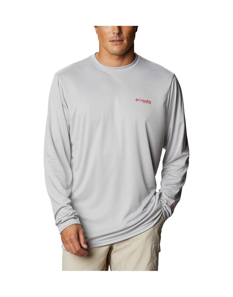 Model wearing Columbia Men's PFG Terminal Tackle™ Destination Long Sleeve Shirt - cool grey, front view