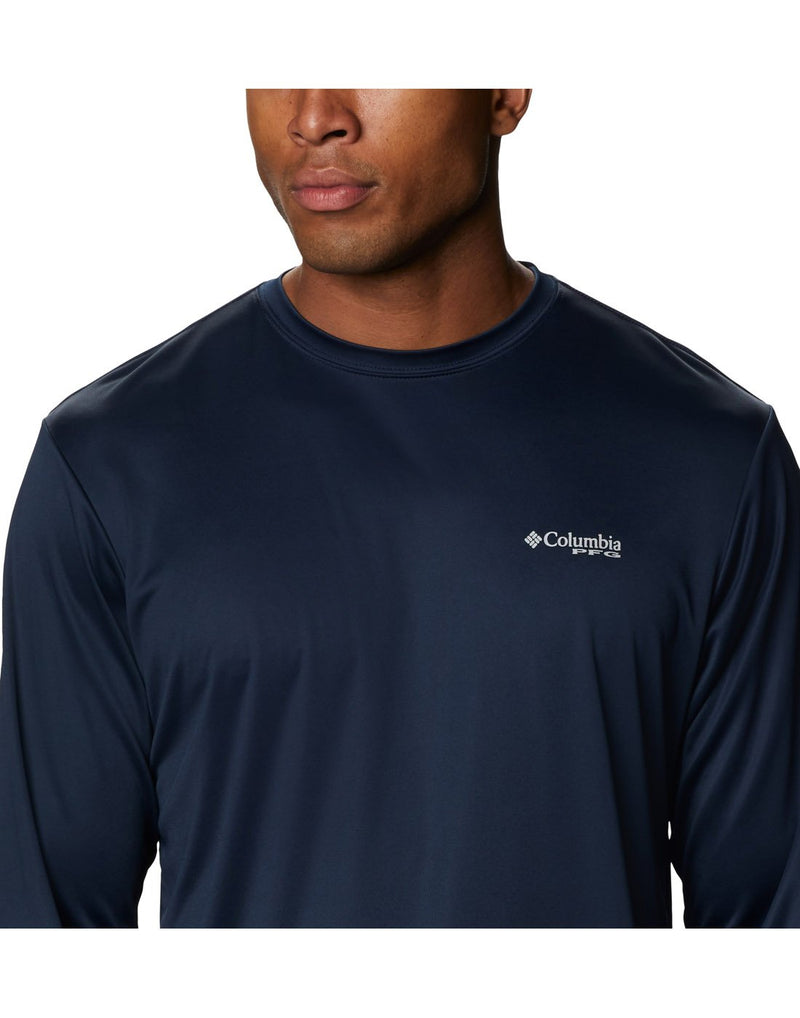 Model wearing Columbia Men's PFG Terminal Tackle™ Destination Long Sleeve Shirt - collegiate navy, front view showing PFG logo in white