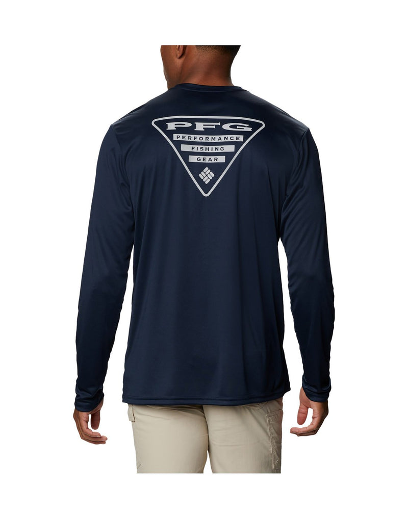 Model wearing Columbia Men's PFG Terminal Tackle™ Destination Long Sleeve Shirt - collegiate navy, back view showing PFG logo in white