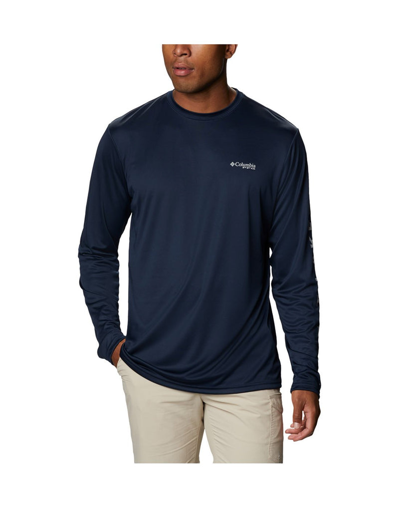 Model wearing Columbia Men's PFG Terminal Tackle™ Destination Long Sleeve Shirt - collegiate navy, front view
