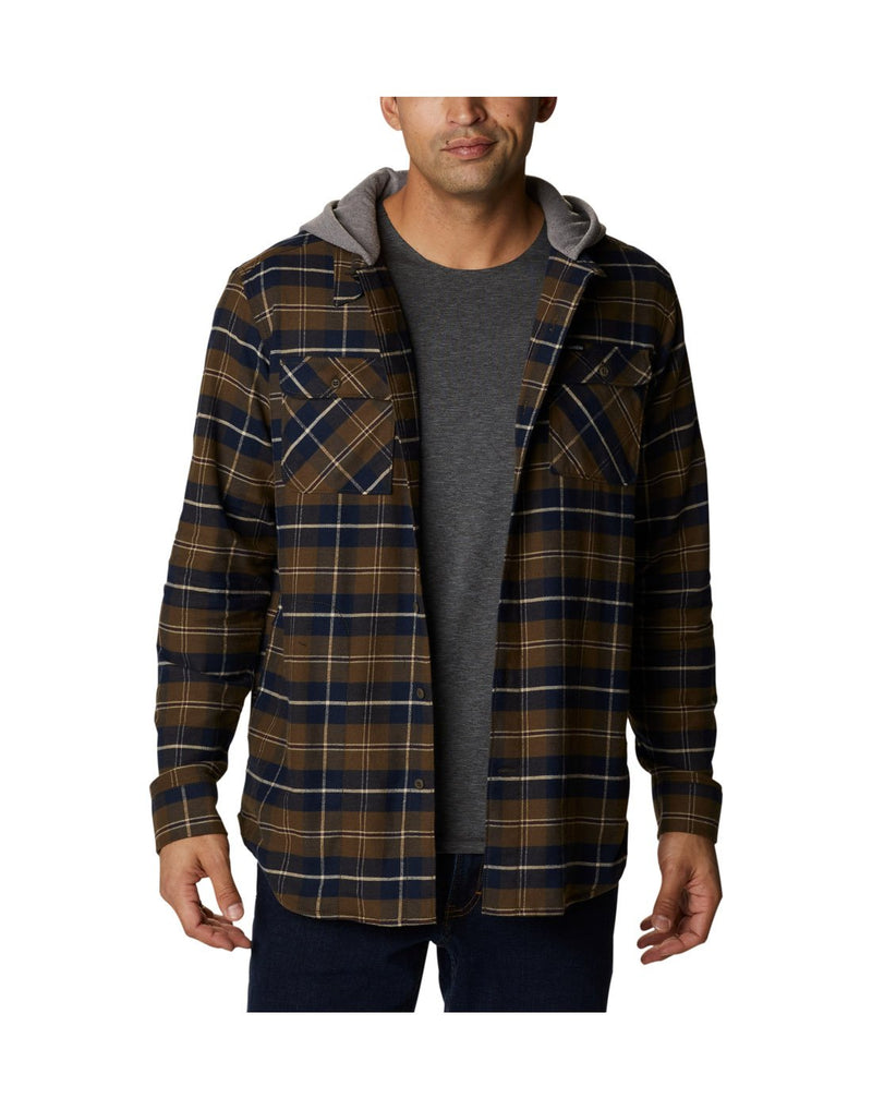 Man wearing Columbia Men's Flare Gun™ Stretch Flannel Hoodie in olive green buffalo tartan, unbuttoned over grey t-shirt, front view