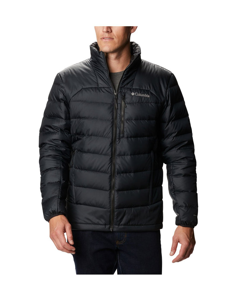 Man wearing Columbia Men's Autumn Park™ Down Jacket in black, zipped up, front view