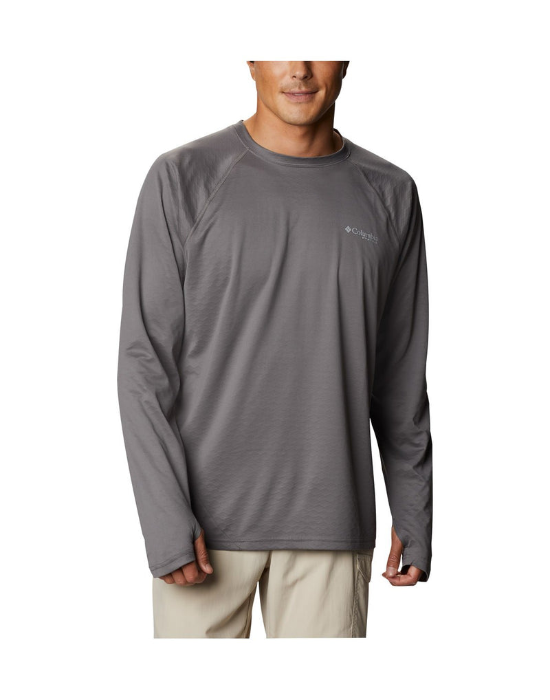 Man wearing Columbia Men's PFG ZERO Rules™ Ice Long Sleeve Shirt - city grey, front view