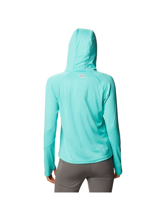 Product Image – Woman wearing Columbia Women's PFG ZERO Rules™ Ice Hoodie - dolphin colour, back view