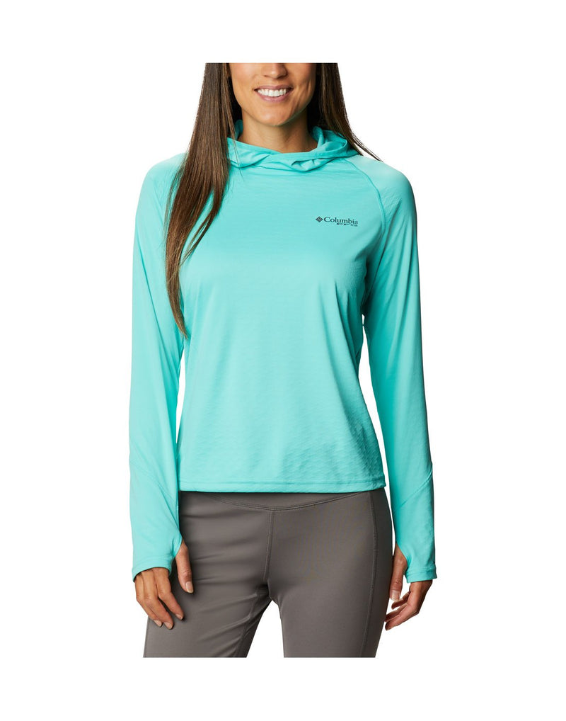 Woman wearing Columbia Women's PFG ZERO Rules™ Ice Hoodie - dolphin colour, front view