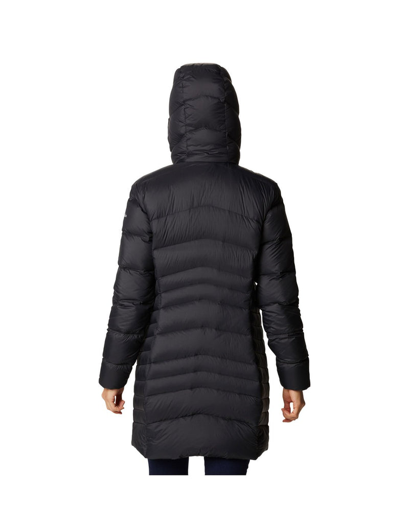 Woman wearing Columbia Women's Autumn Park™ Down Hooded Mid Jacket in black, with hood up, back view