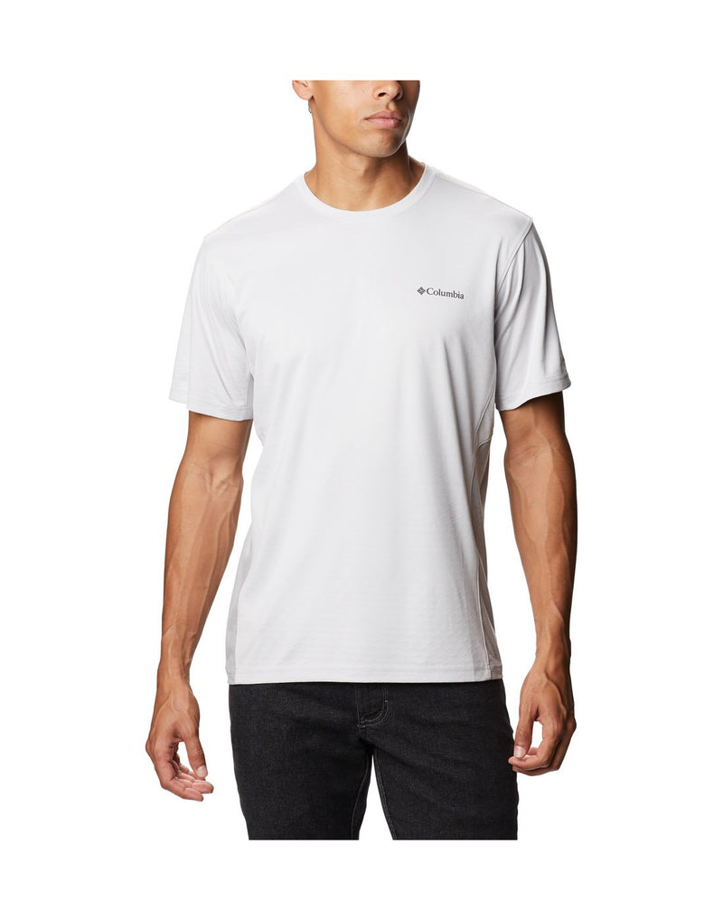 Model wearing Columbia Men's Zero Ice Cirro-Cool™ Short Sleeve Shirt - nimbus grey, front view