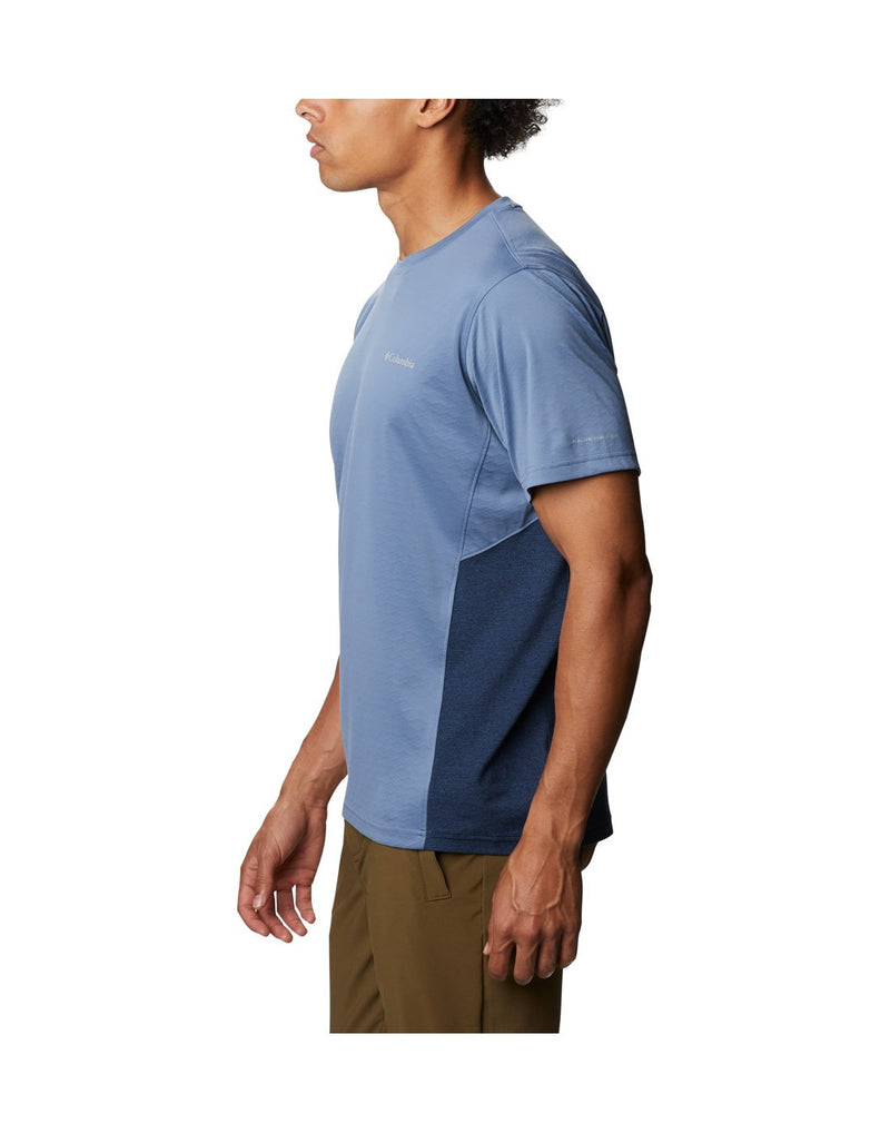 Model wearing Columbia Men's Zero Ice Cirro-Cool™ Short Sleeve Shirt - bluestone, side view