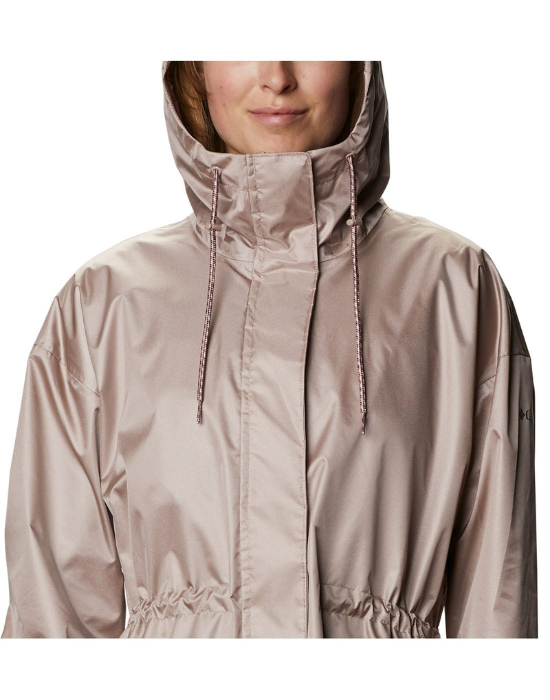 Model wearing Columbia Women's Splash Side™ Jacket - mauve vapor, close up of front with hood up