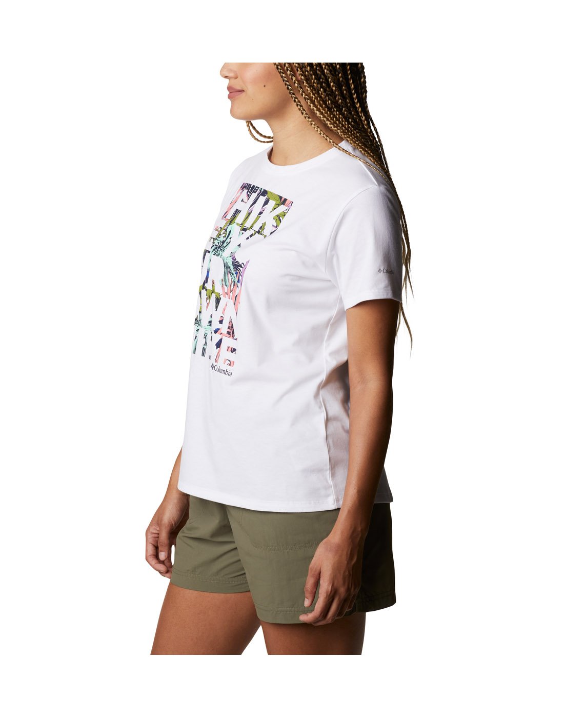 Model wearing Columbia Women's Sun Trek™ Graphic T-Shirt - white, side view