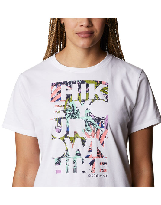 Product Image – Close up of model wearing Columbia Women's Sun Trek™ Graphic T-Shirt in white with words "Hike your own hike" graphic