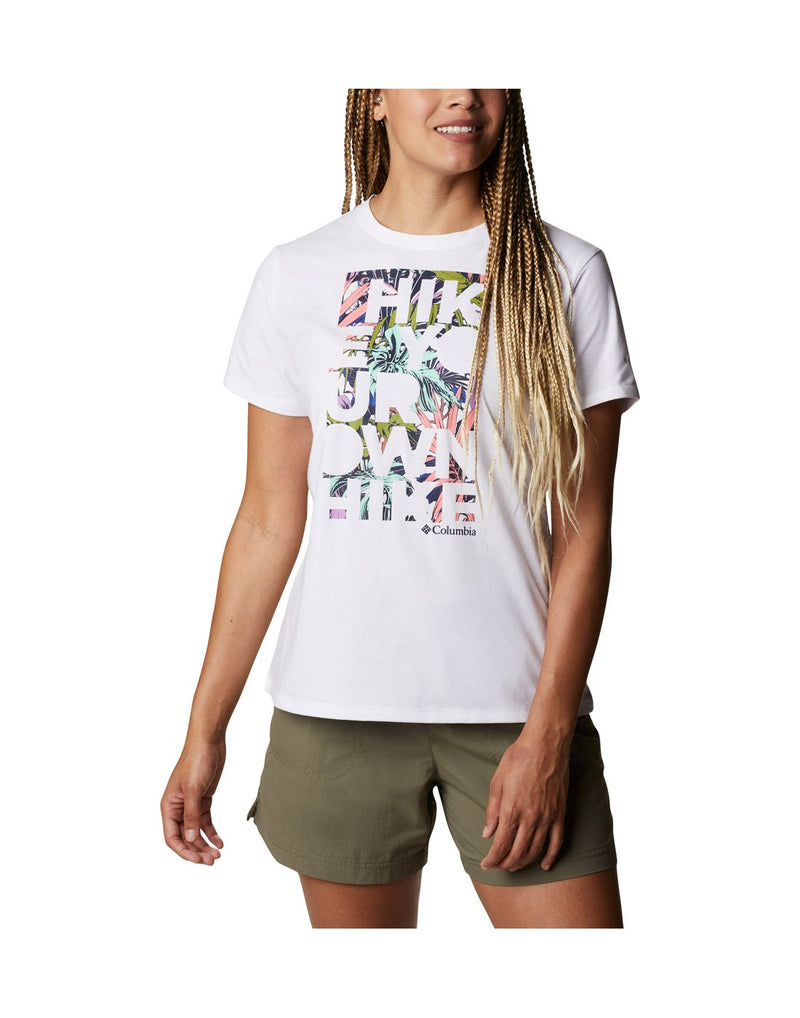 Model wearing Columbia Women's Sun Trek™ Graphic T-Shirt - white, front view