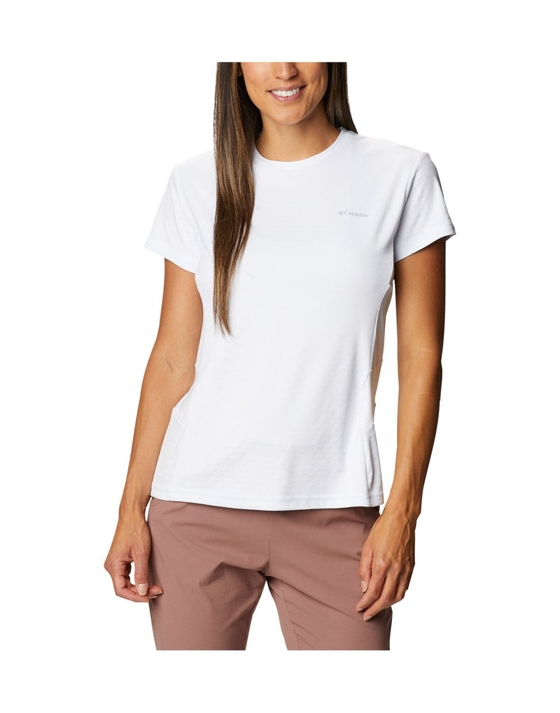 Woman wearing Columbia Women's Zero Ice Cirro-Cool™ Short Sleeve Shirt - white, front view
