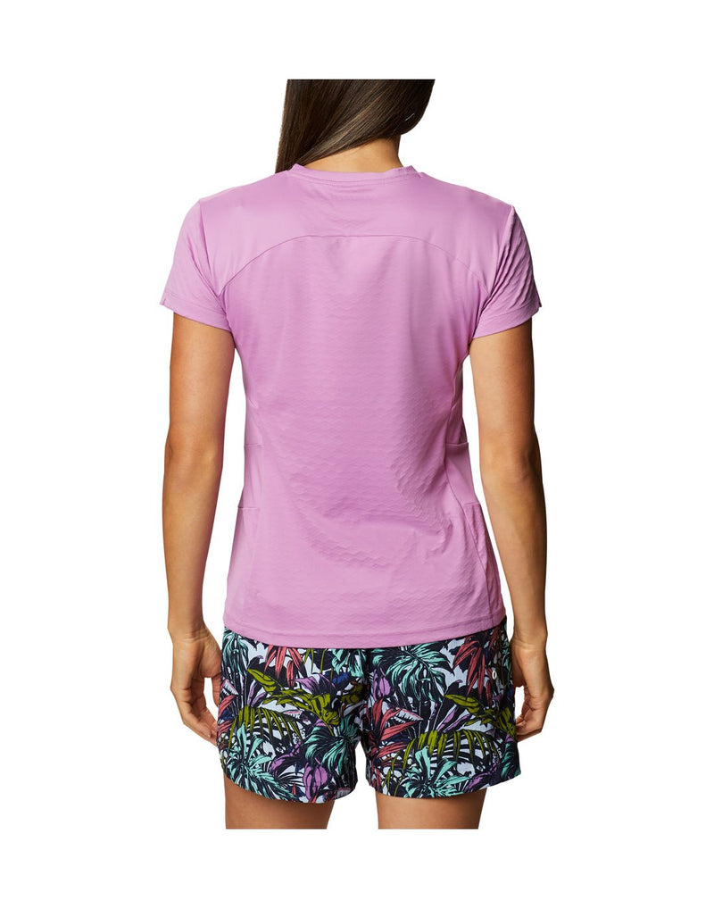 Woman wearing Columbia Women's Zero Ice Cirro-Cool™ Short Sleeve Shirt - blossom pink, back view