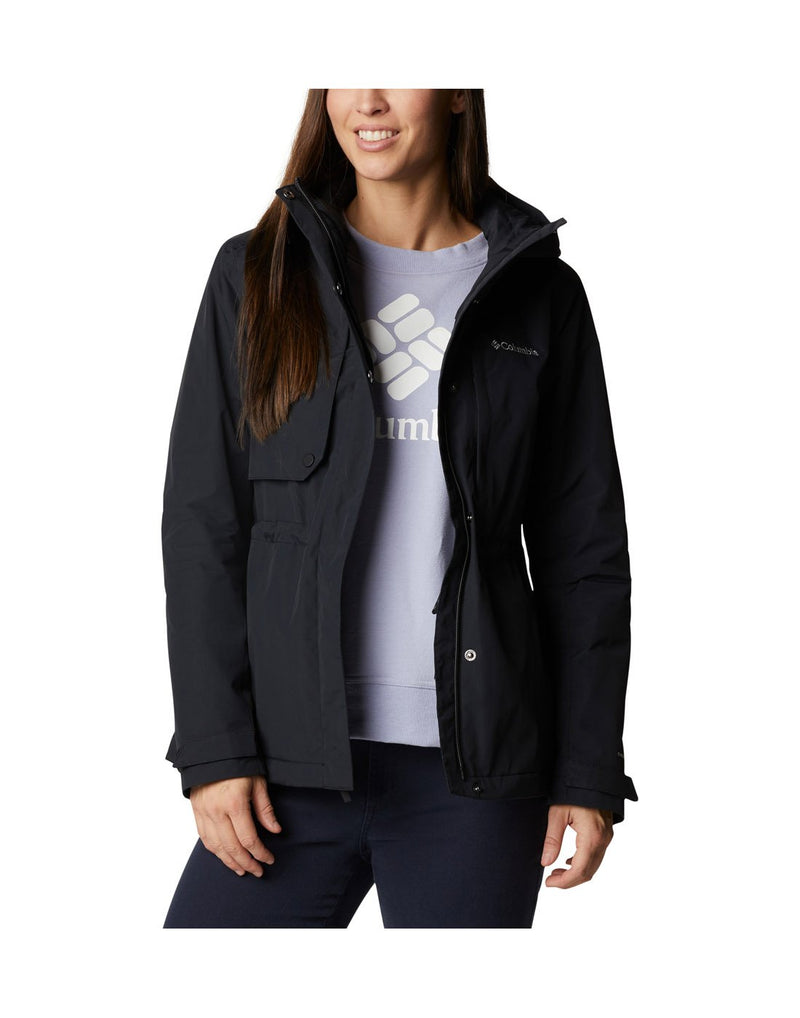 Woman wearing Columbia Women's Hadley Trail™ Jacket in black, unzipped, front view