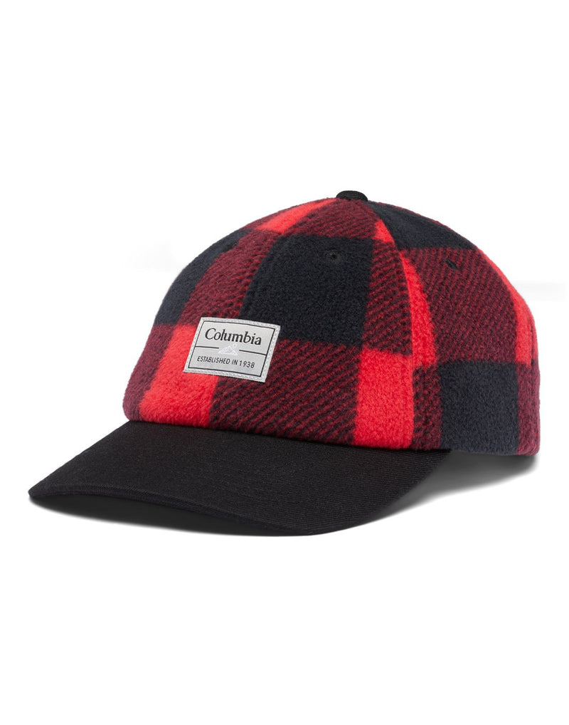 Columbia CSC™ II Fleece Ball Cap in mountain red check with black bill and white rectangular Columbia logo tag on front
