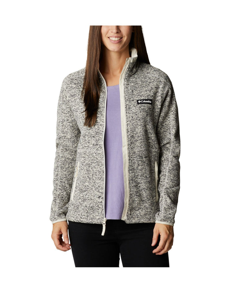 Woman wearing Columbia Women's Sweater Weather™ Full Zip Jacket in chalk heather, unzipped, front view