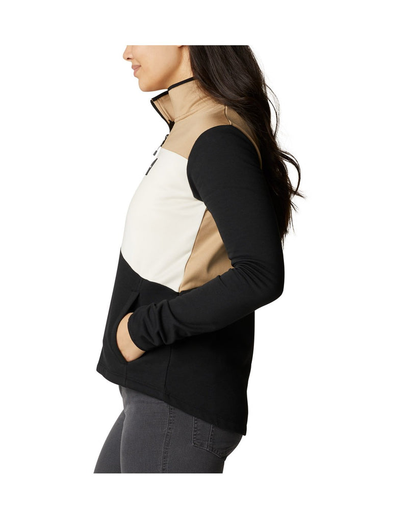 Woman wearing Columbia Women's Columbia Lodge™ Hybrid Full Zip Jacket, side view with hands in pockets