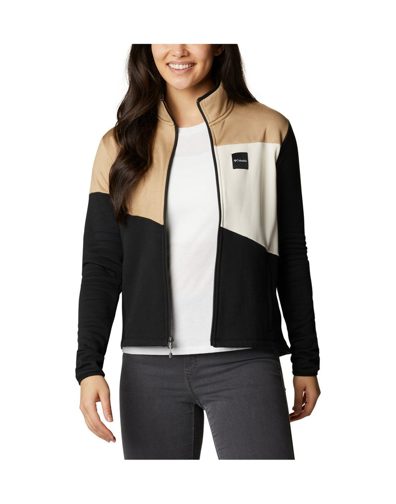 Woman wearing Columbia Women's Columbia Lodge™ Hybrid Full Zip Jacket, unzipped, front view