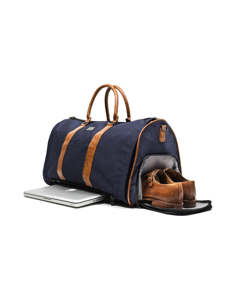 PKG Rosedale II Duffle Garment Bag - navy, front right view with shoes and laptop